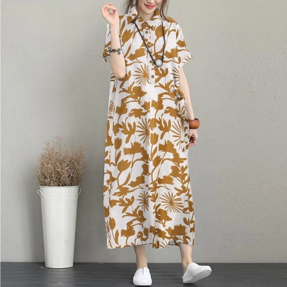 NWT Zanzea Mustard Yellow Floral Print Side Tie Dress Plus Size 4XL